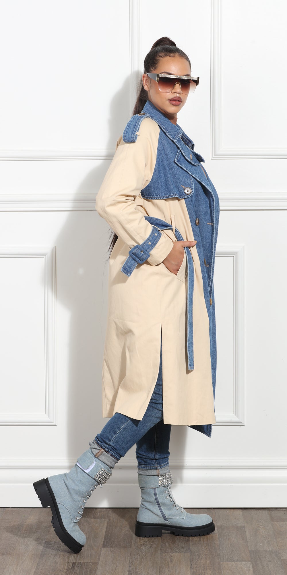 Luxe Moda LM367 - Beige Blue - Coat with Denim Inserts