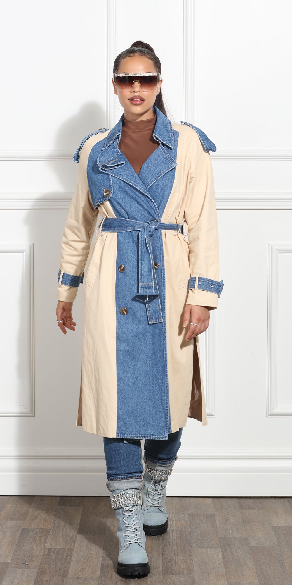 Luxe Moda LM367 - Beige Blue - Coat with Denim Inserts