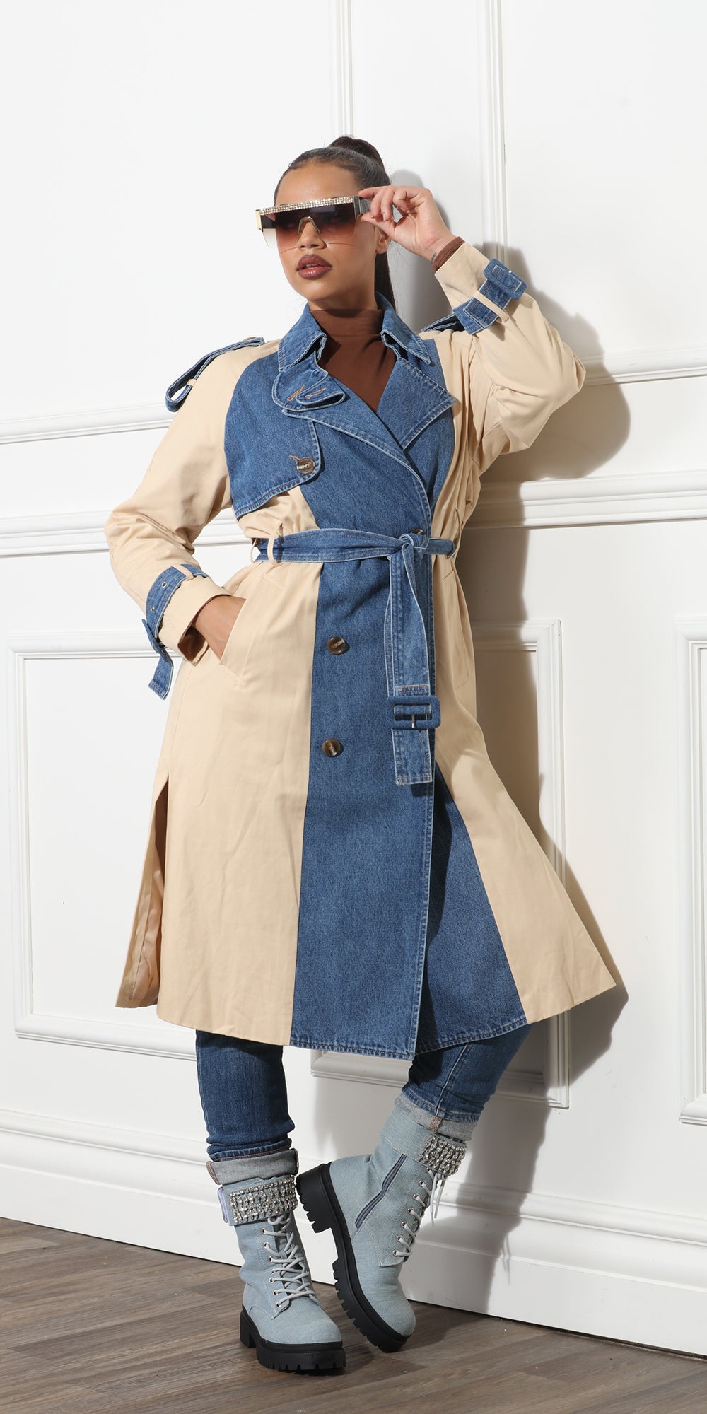 Luxe Moda LM367 - Beige Blue - Coat with Denim Inserts