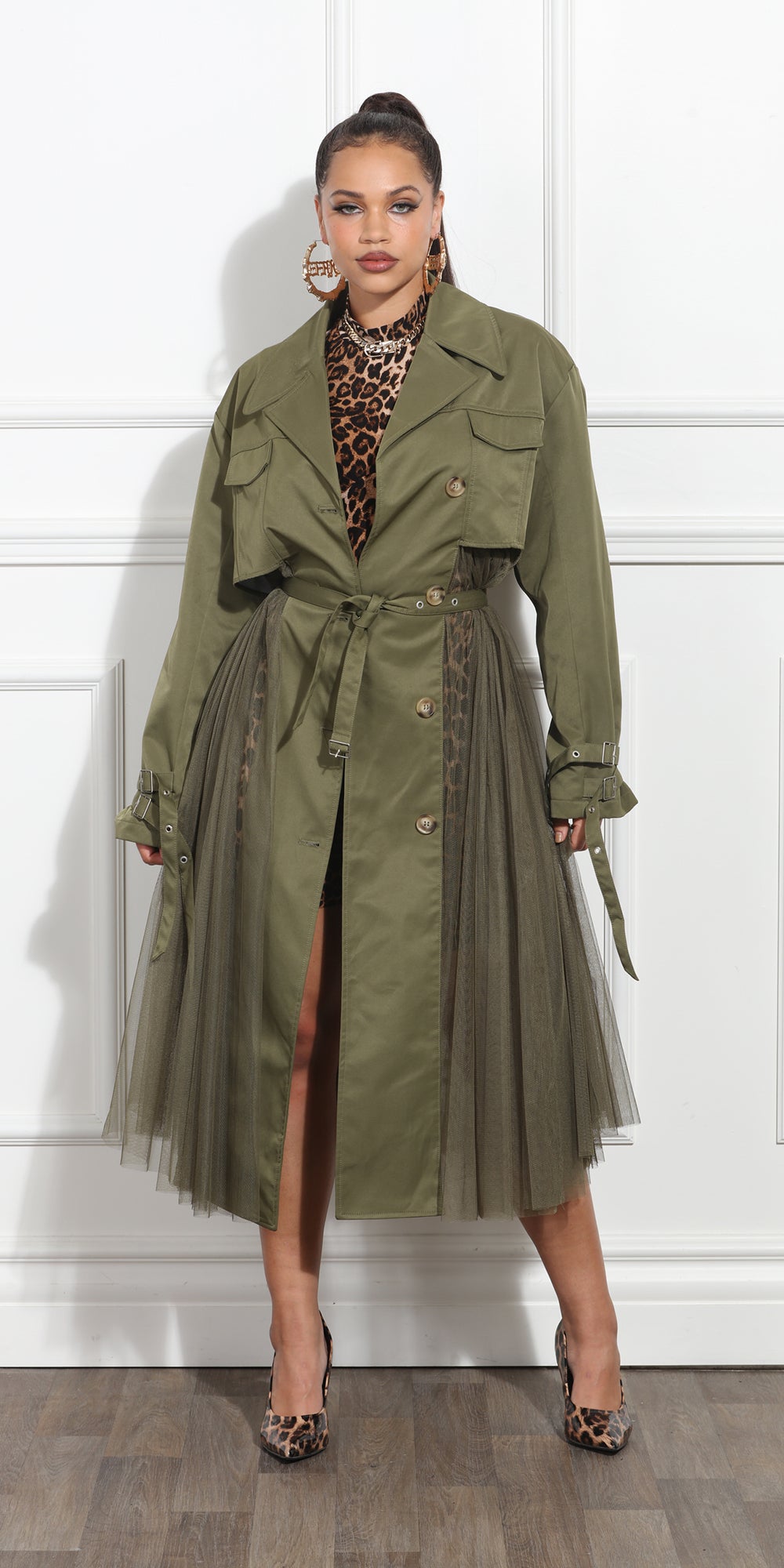 Luxe Moda LM368 - Olive - Coat with Side Pleating and Belt