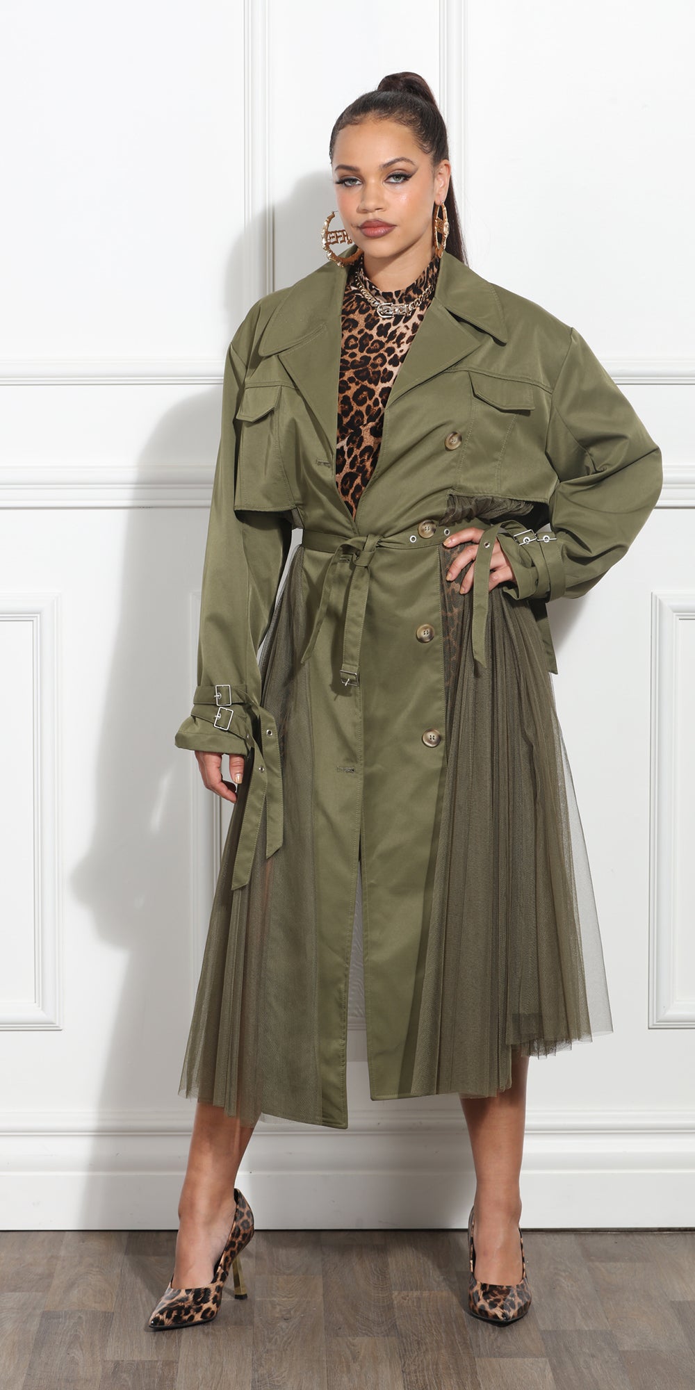 Luxe Moda LM368 - Olive - Coat with Side Pleating and Belt