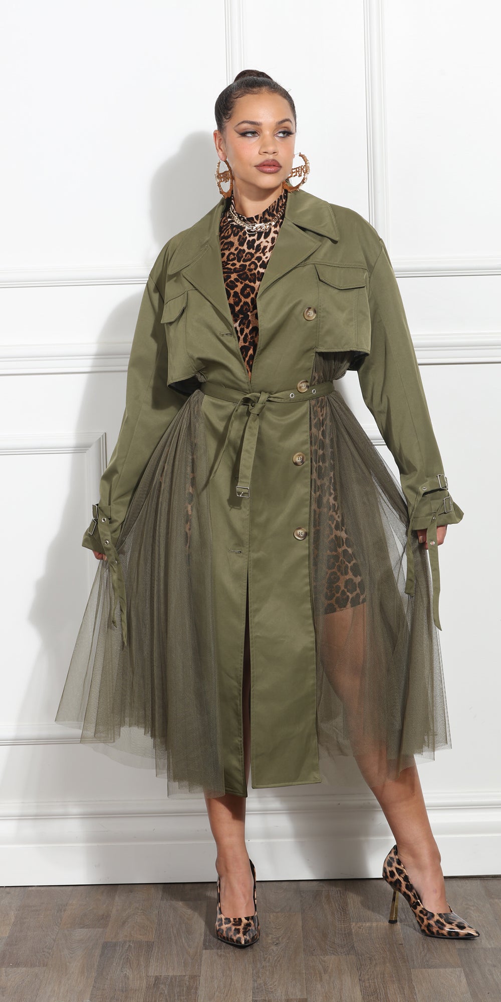 Luxe Moda LM368 - Olive - Coat with Side Pleating and Belt