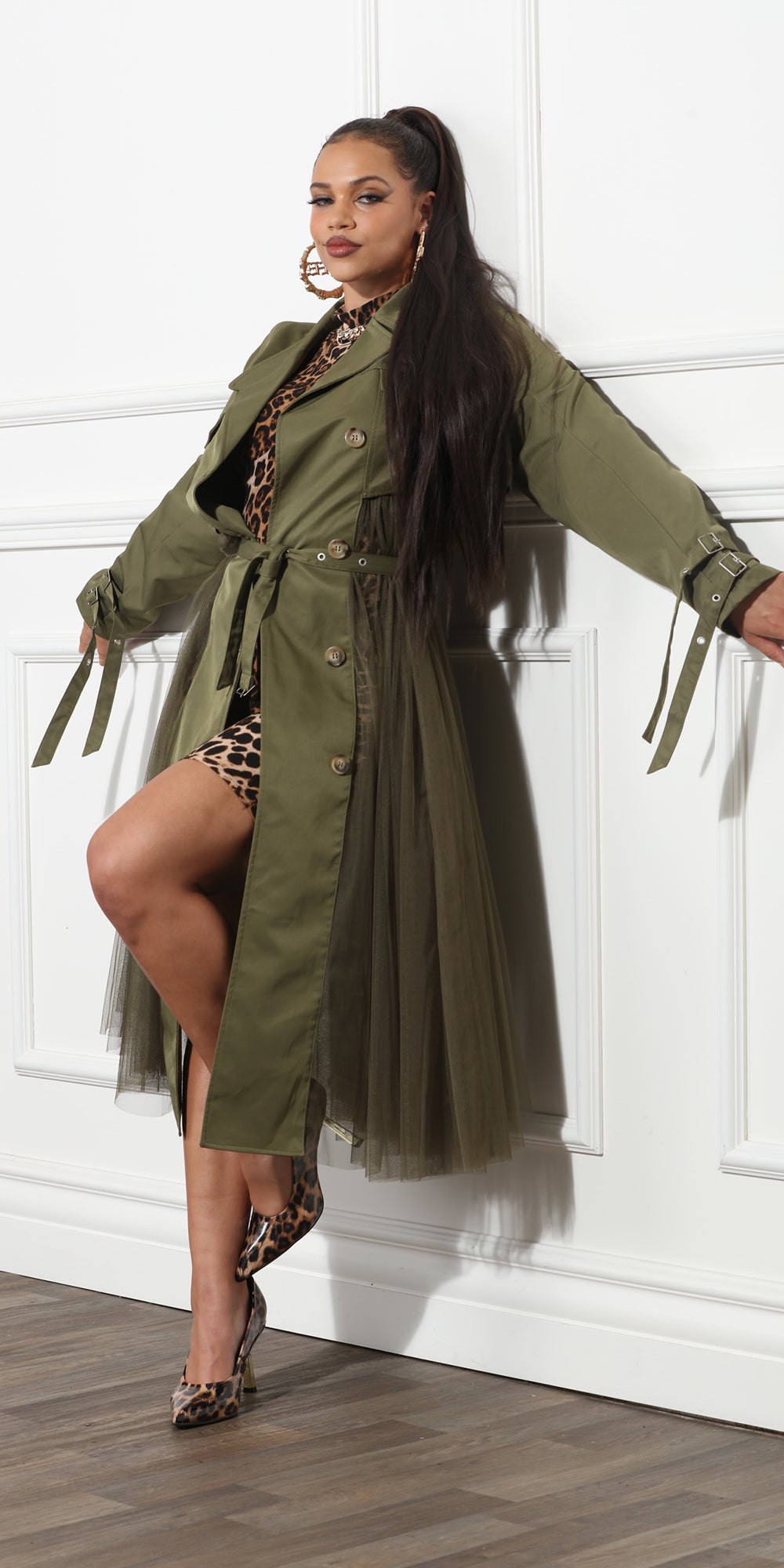 Luxe Moda LM368 - Olive - Coat with Side Pleating and Belt