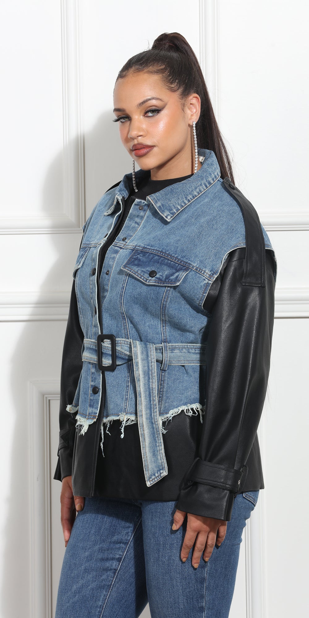 Luxe Moda LM370 - Dark Blue - Faux Leather Denim Jacket with Belt