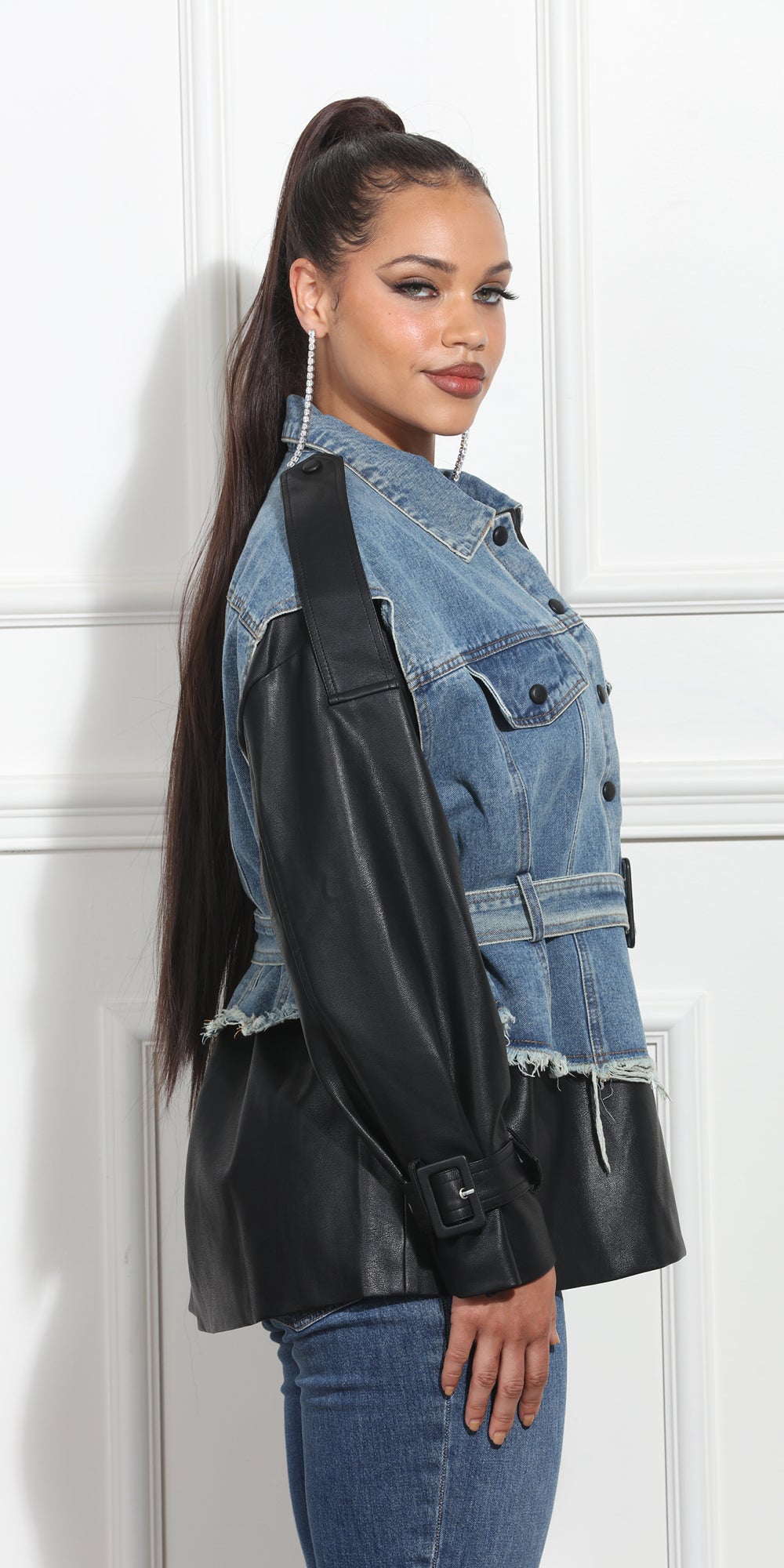 Luxe Moda LM370 - Dark Blue - Faux Leather Denim Jacket with Belt