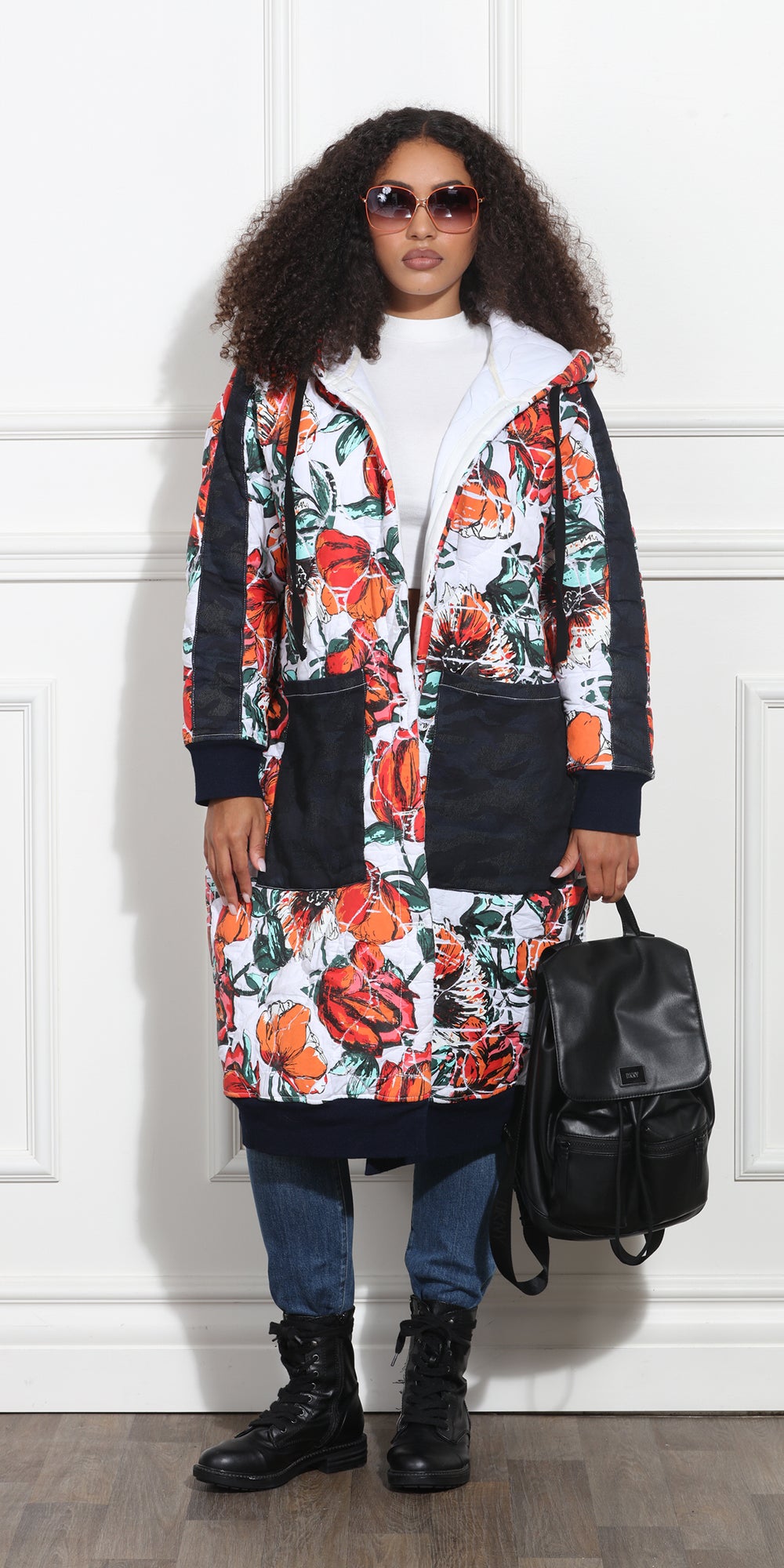 Luxe Moda LM372 - Black Denim - Rose Long Sleeve Print Coat with Patch Pockets