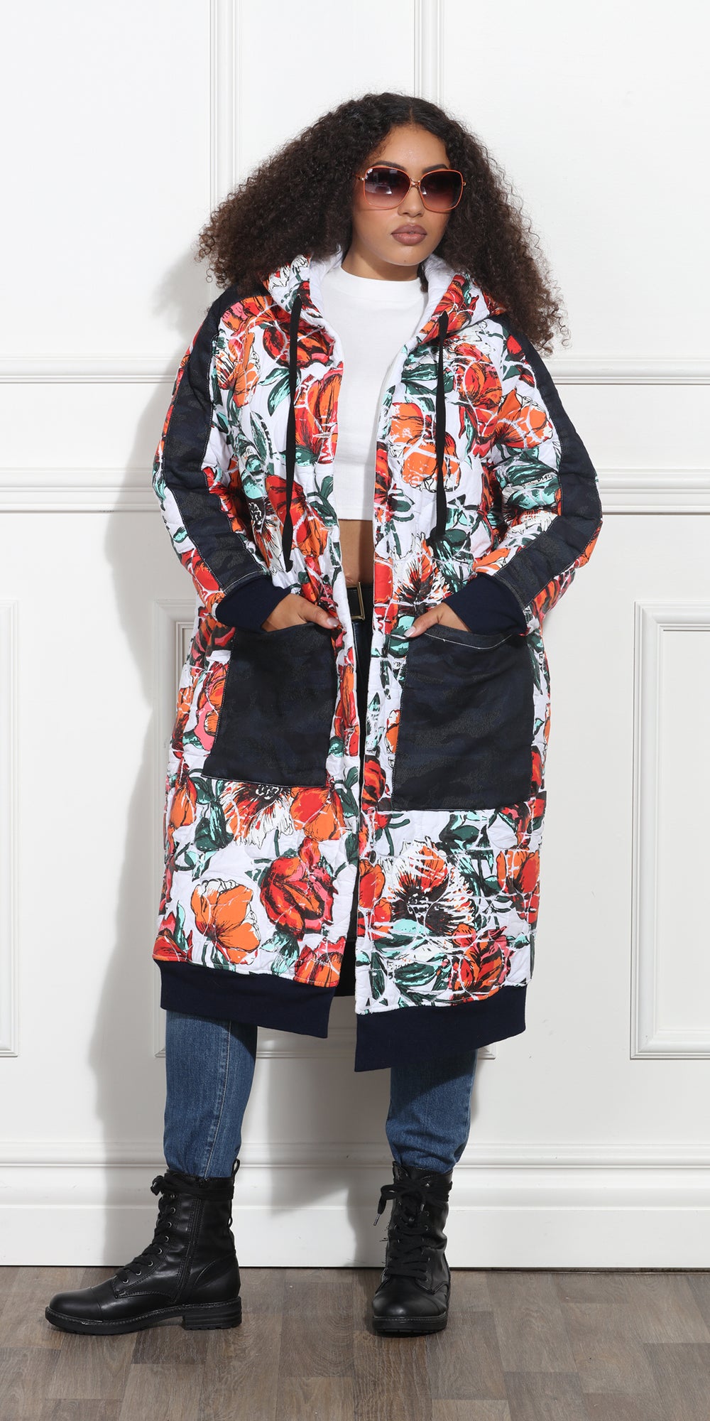 Luxe Moda LM372 - Black Denim - Rose Long Sleeve Print Coat with Patch Pockets