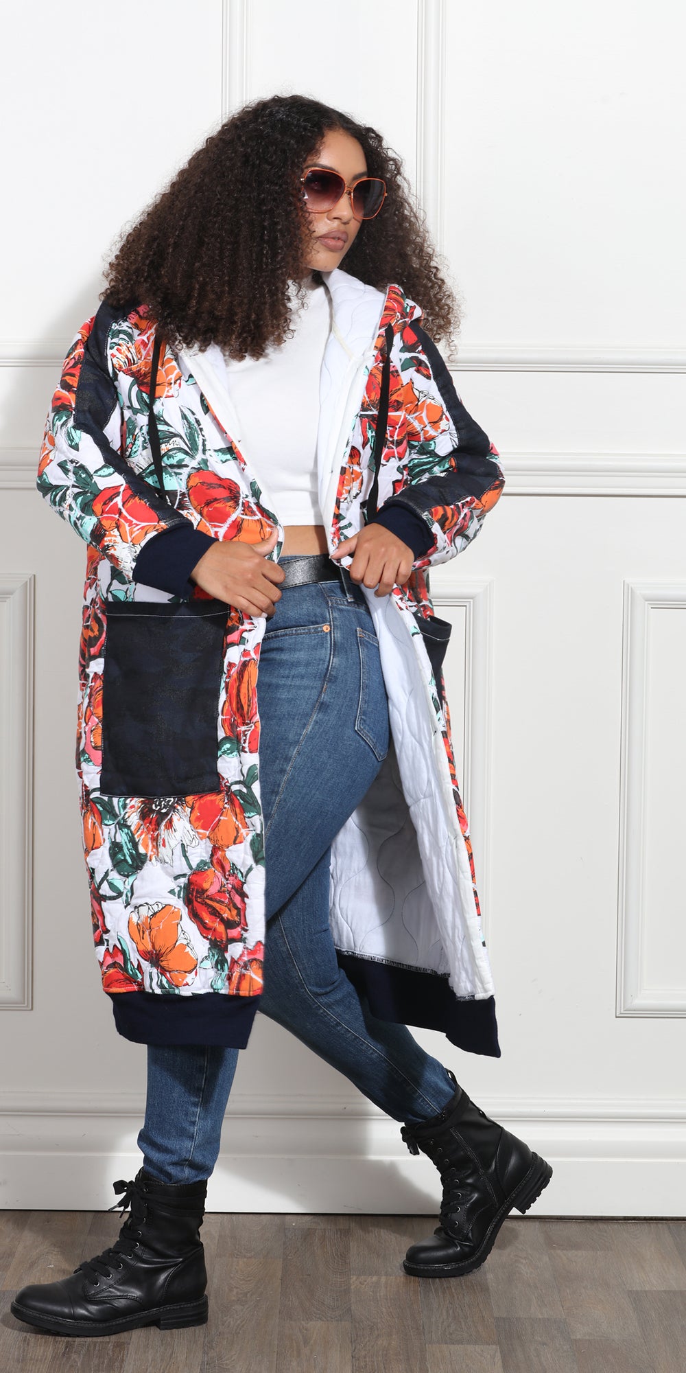 Luxe Moda LM372 - Black Denim - Rose Long Sleeve Print Coat with Patch Pockets