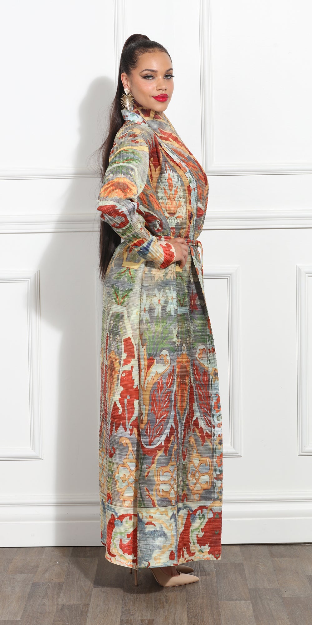 Luxe Moda LM377 - Multi - Long Fall Print Cardigan with Belt