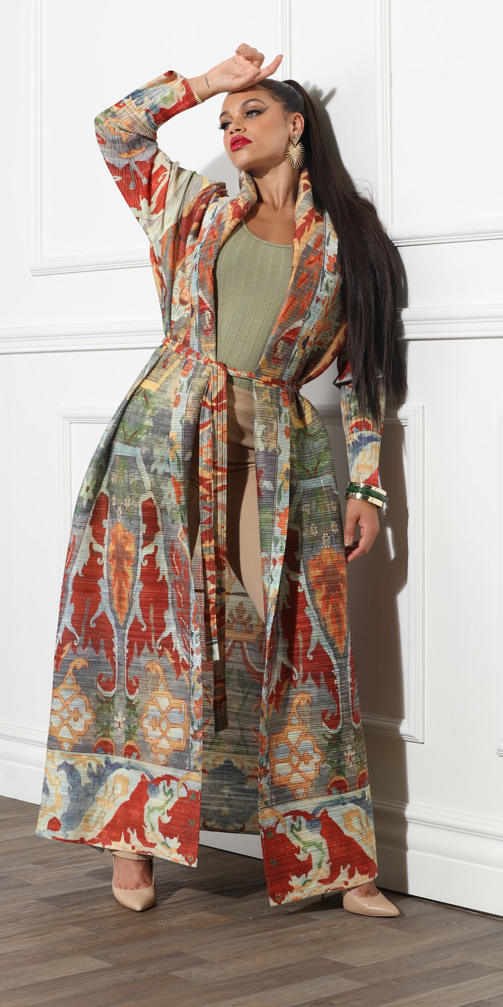 Luxe Moda LM377 - Multi - Long Fall Print Cardigan with Belt