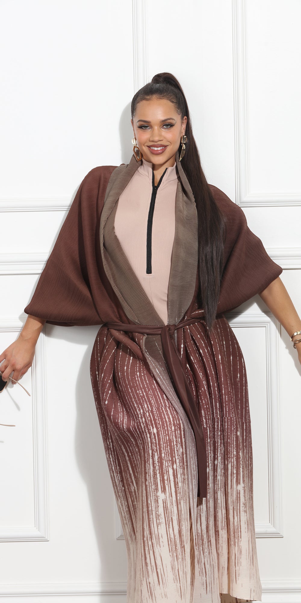 Luxe Moda LM380 - Brown Ombre - Long Ombre Cardigan with Tie Belt