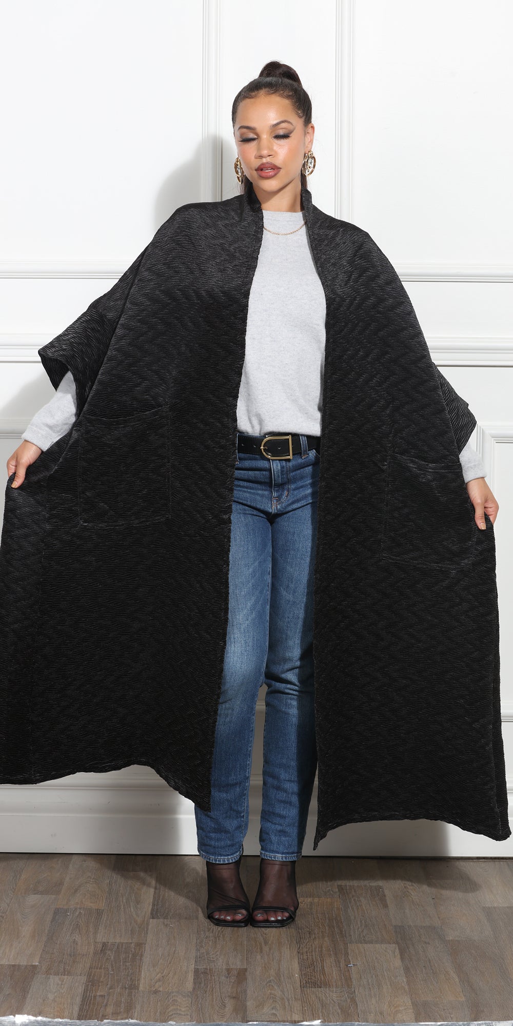 Luxe Moda LM388 - Black - Long Open Quilted Cardigan with Pockets