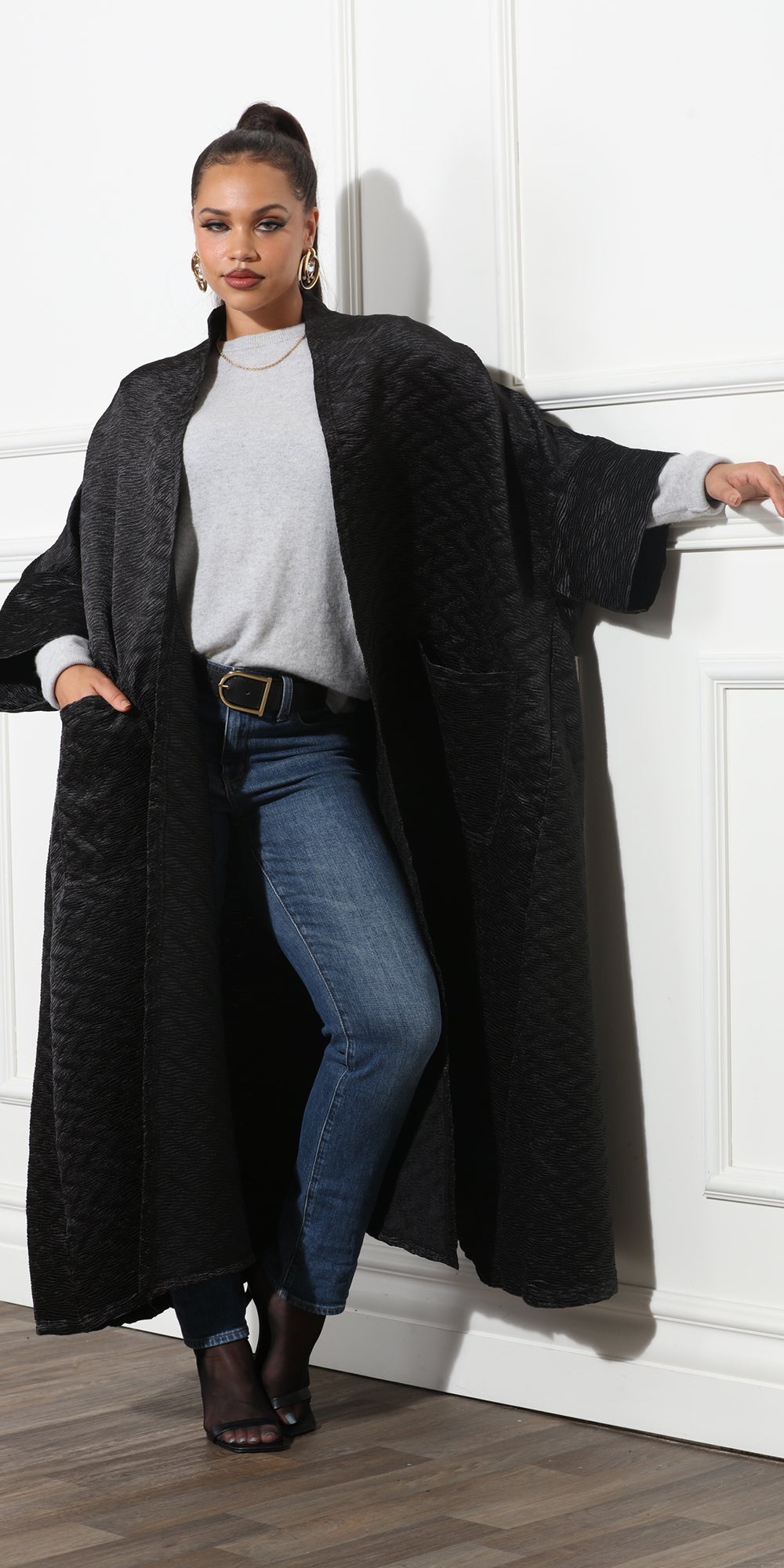 Luxe Moda LM388 - Black - Long Open Quilted Cardigan with Pockets