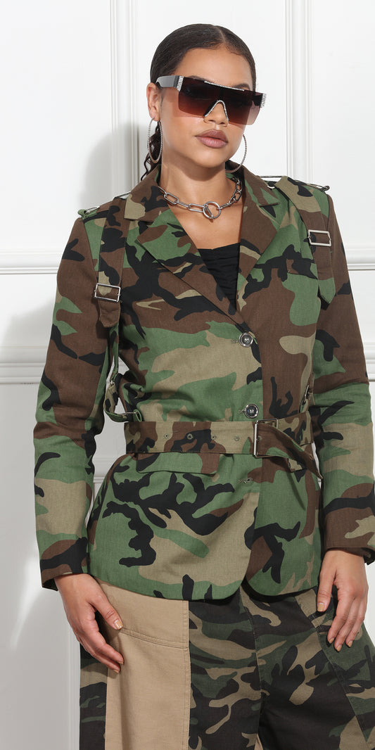 Luxe Moda LM391 - Camo - Button Down Belted Camo Jacket