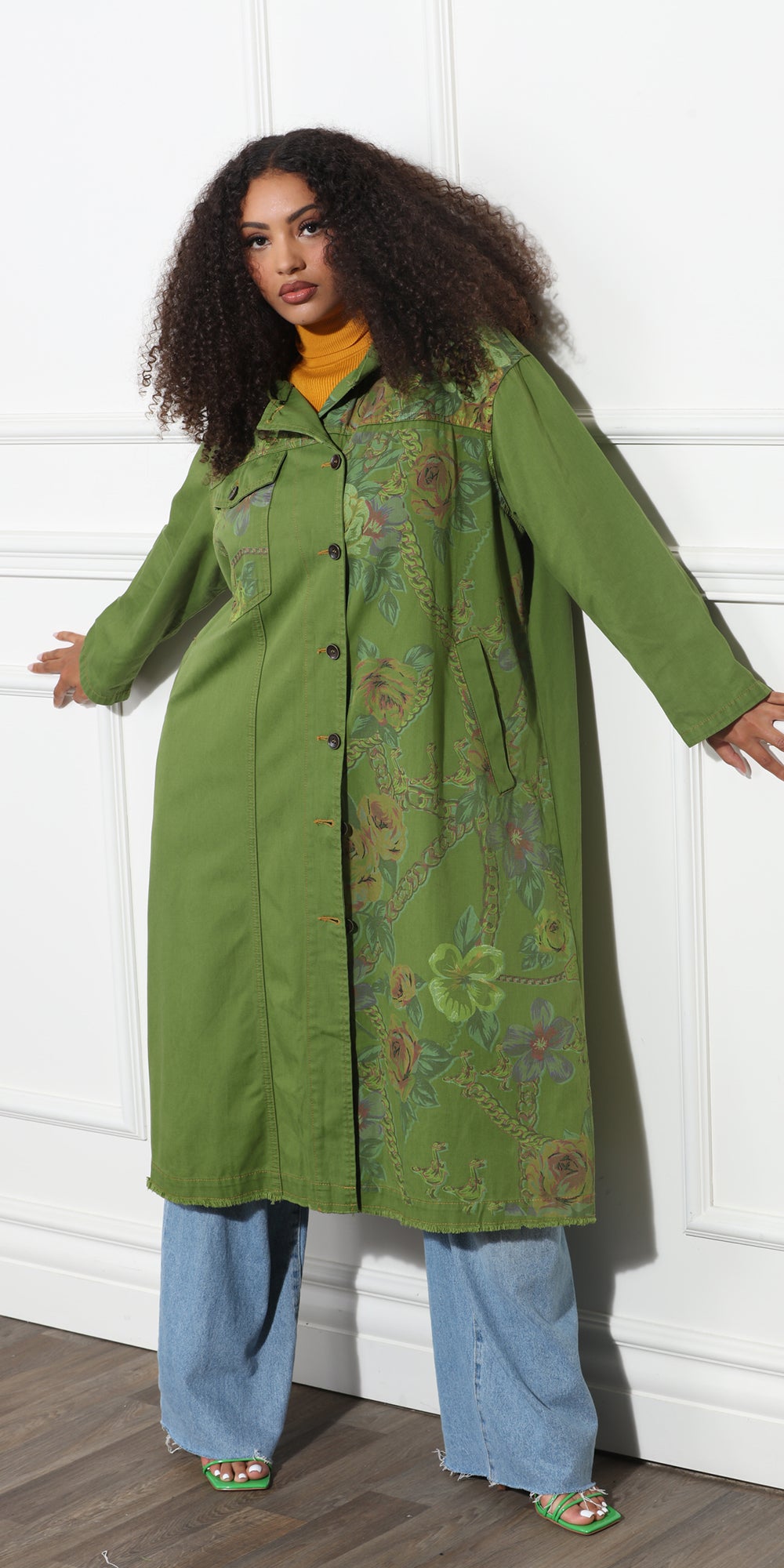 Luxe Moda LM393 - Avocado - Button Up Floral Coat Dress