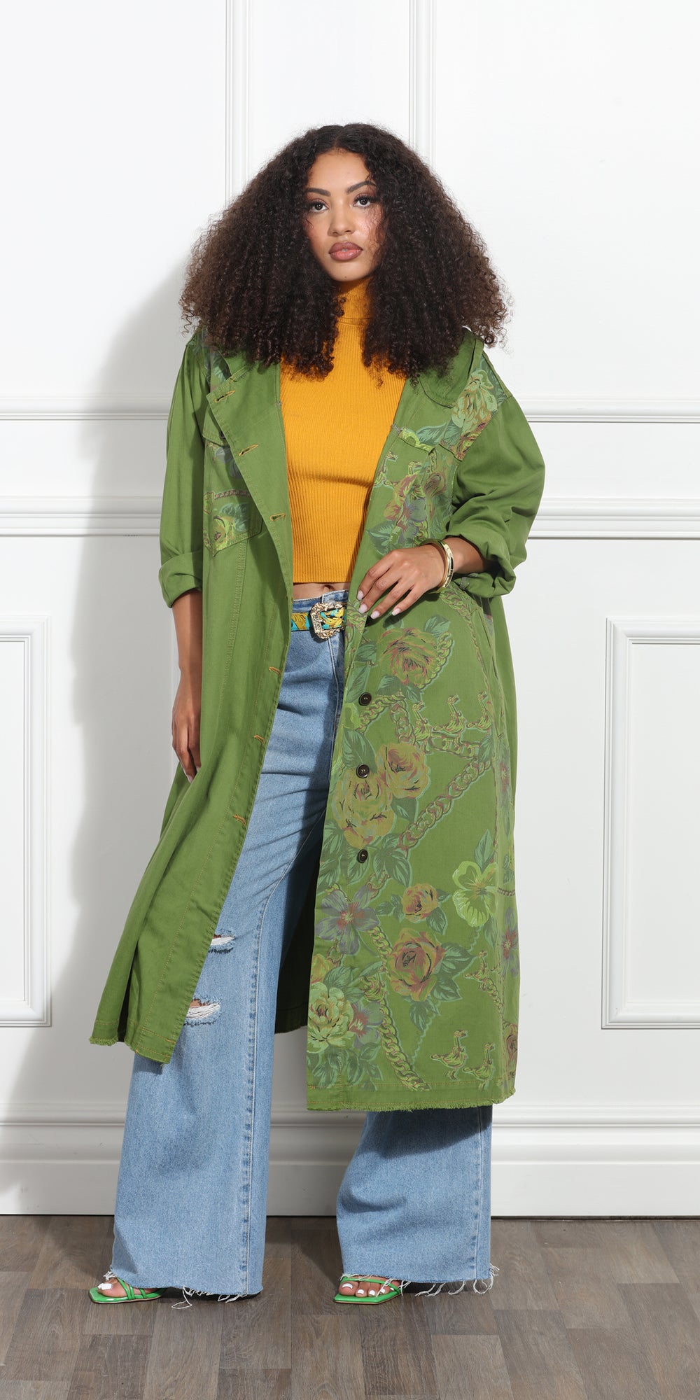 Luxe Moda LM393 - Avocado - Button Up Floral Coat Dress