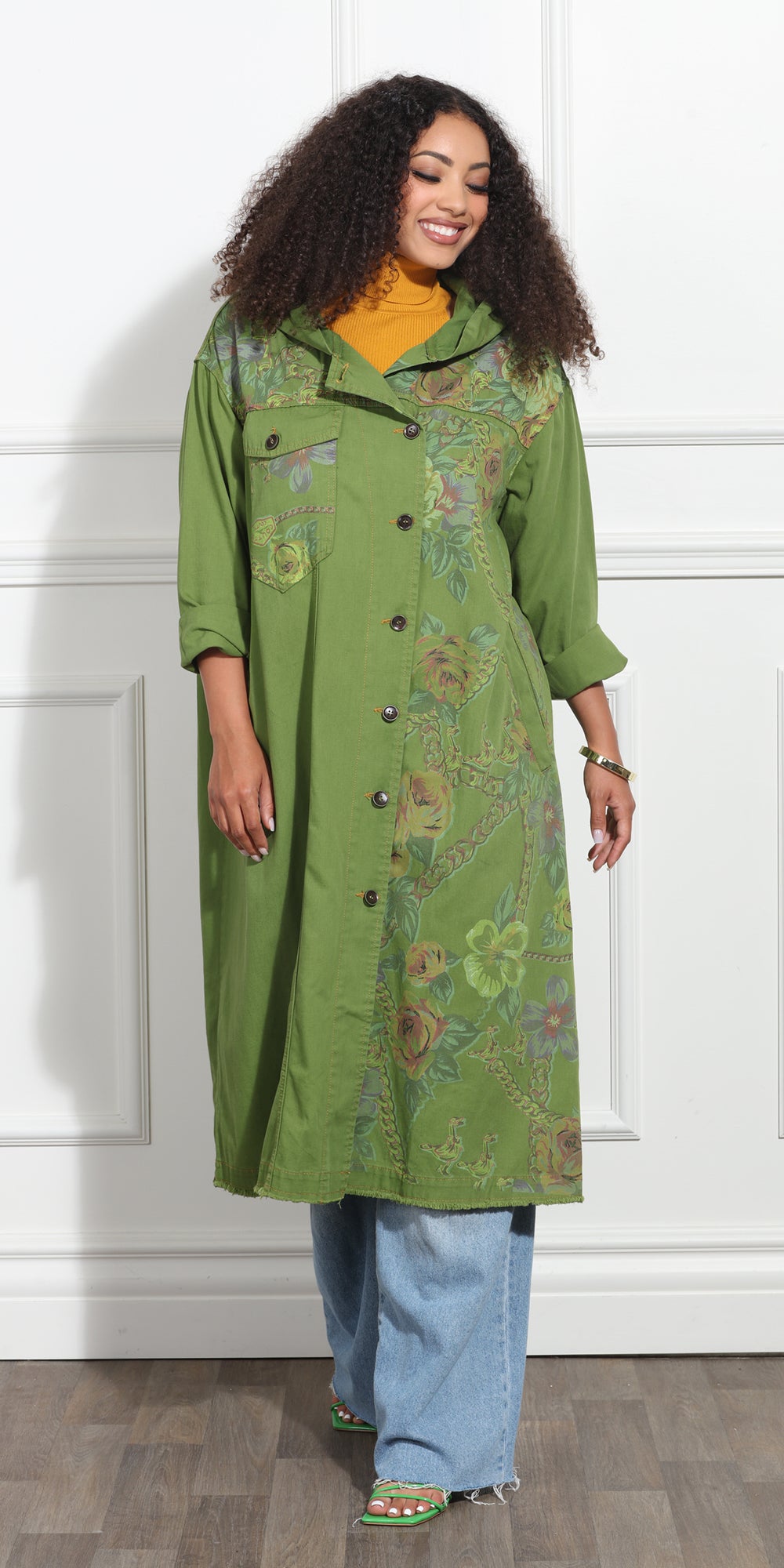 Luxe Moda LM393 - Avocado - Button Up Floral Coat Dress