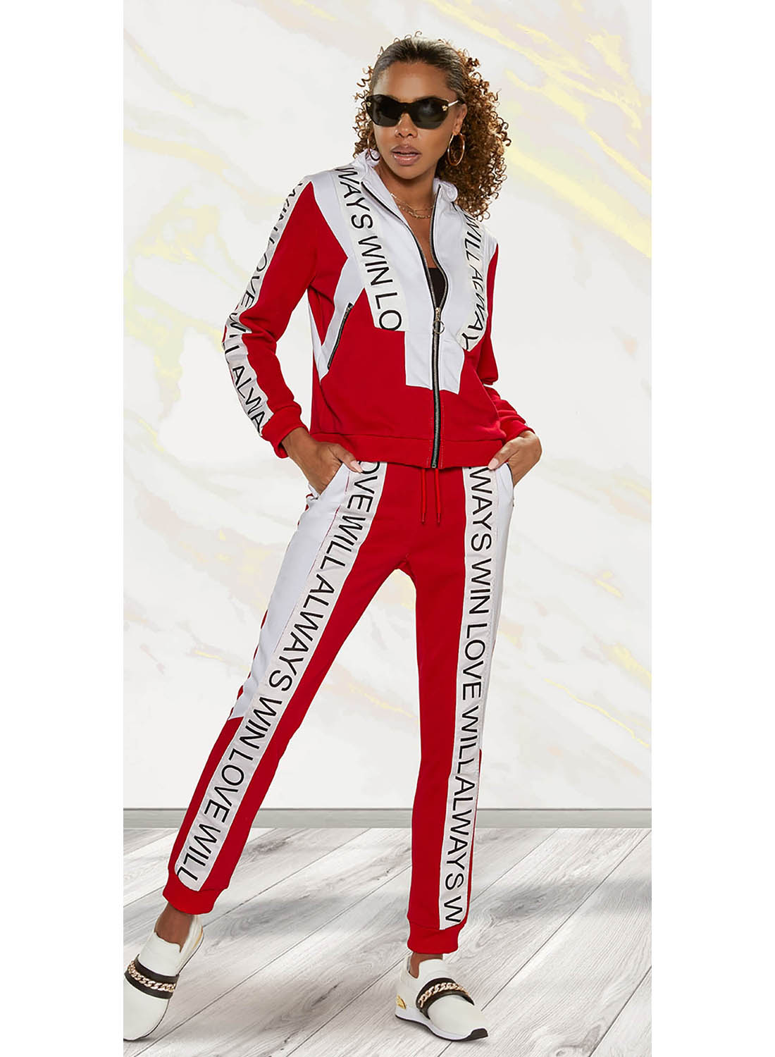 Love the Queen - 17385 - Red - 2pc Jacket Pant Jog Set
