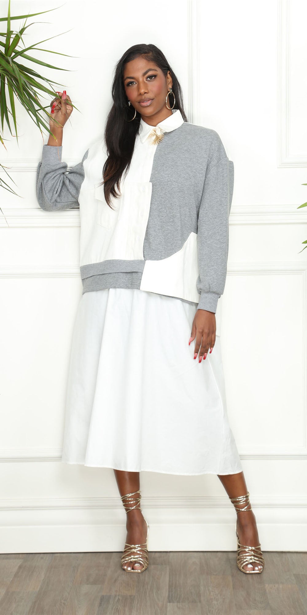 Luxe Moda - LM194 - White Grey - Mock 2pc Color Block Dress