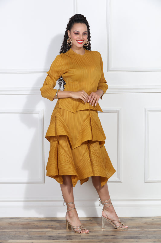 Luxe Moda LM409 - Gold - Tiered Dress with Godet Pleats