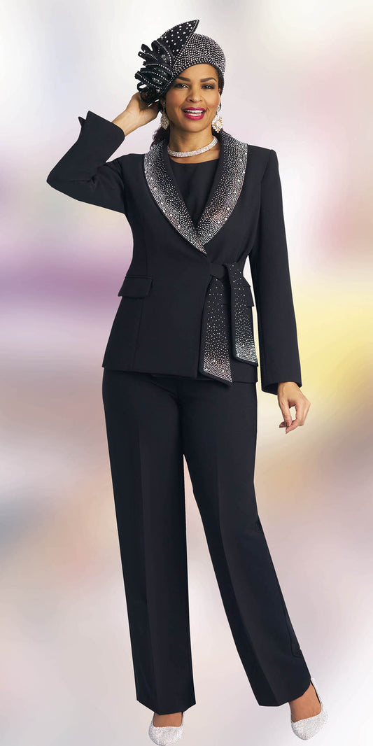 Lily and Taylor 4373 - Black - French Crepe Pant Suit with Rhinestones