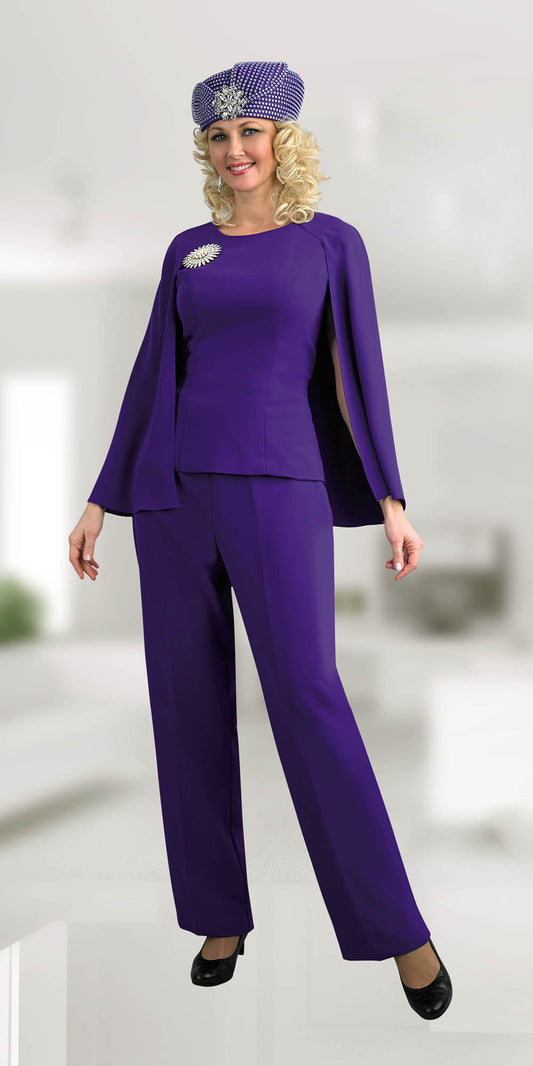 Lily and Taylor 4429 - Purple - 2 PC French Crepe cape Sleeve Pant Suit with Brooch