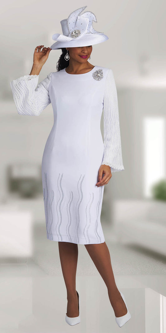 Lily and Taylor 4668 - White - Crepe Dress with Lace Sleeves