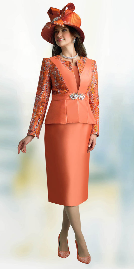 Lily and Taylor 4776 - Burnt Orange - 3PC Novelty Fabric Skirt Suit with Embellished Sleeves