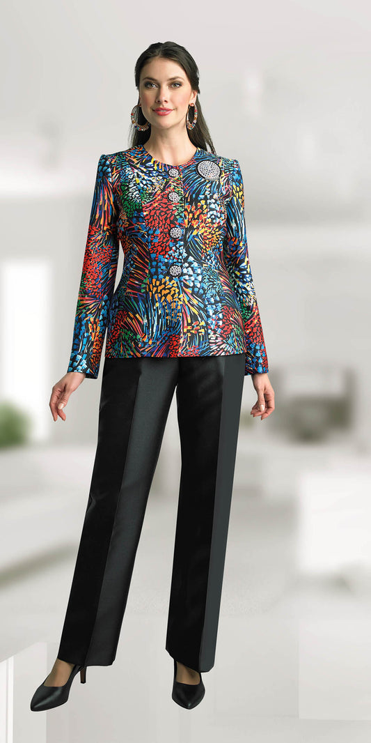 Lily and Taylor 4820 - Black Multi - Silky Twill Pant Suit with Brooch