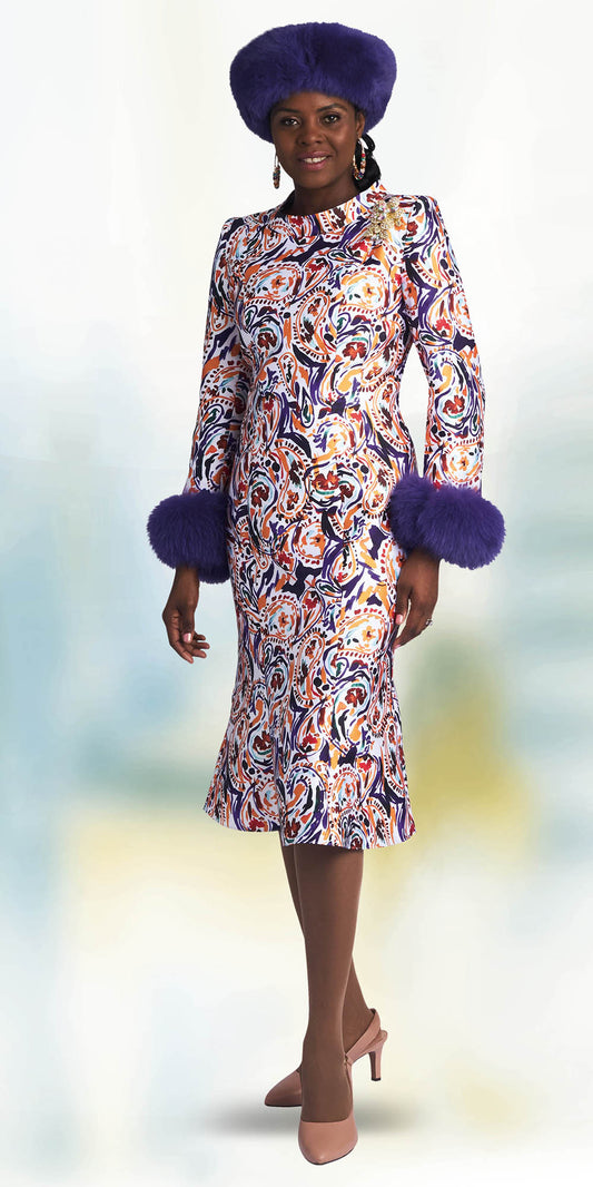 Lily and Taylor 4821 - Purple Multi - 1 Piece Dress with Brooch and Fur Cuffs