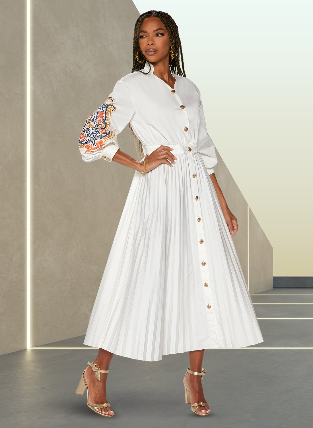 Love the Queen 17527 - White - Button Front Dress with Multi Color Embroidery on Sleeve