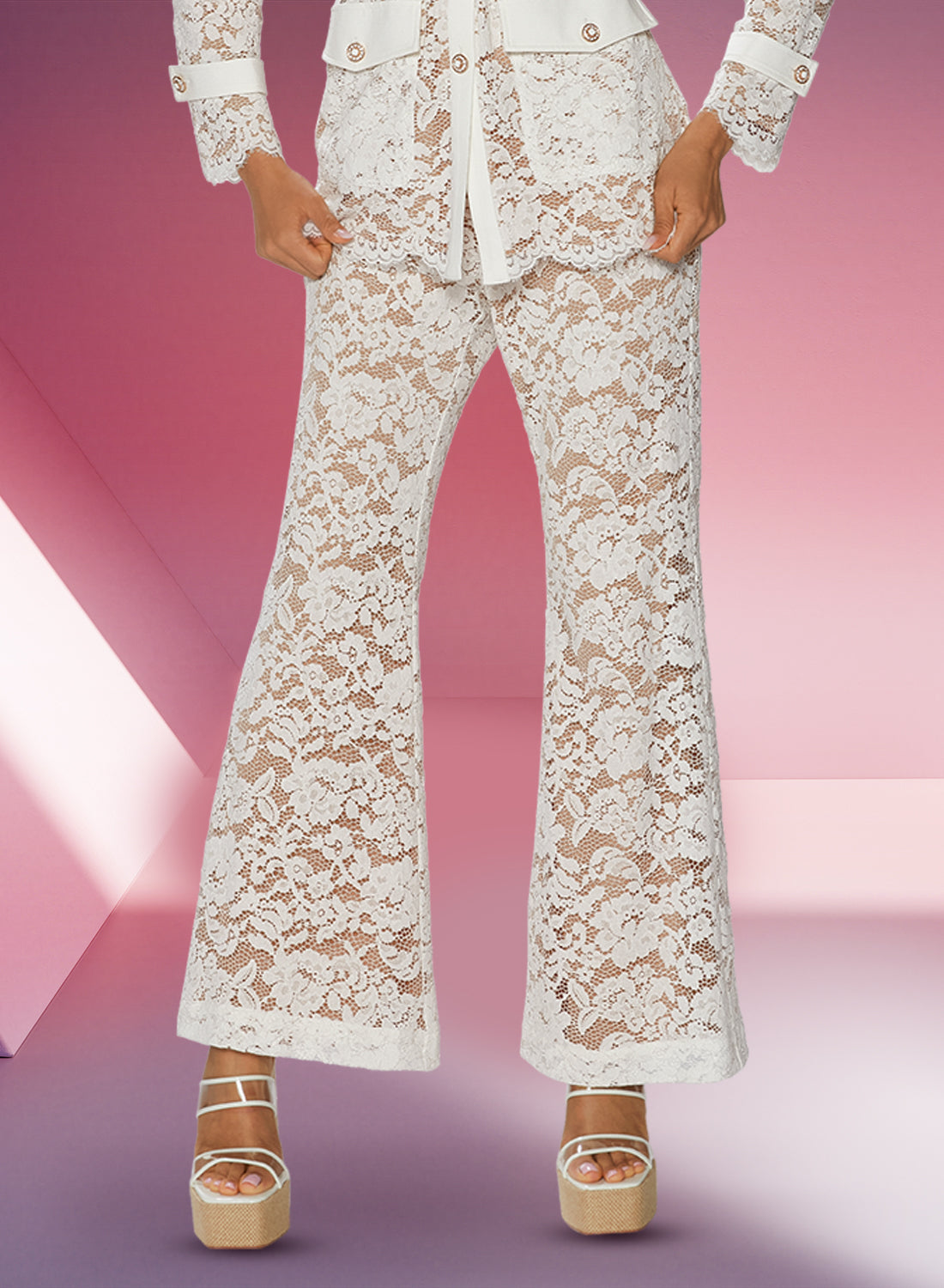 Love the Queen 17540P - Off White - Contrast Lined Lace Pants with Pockets