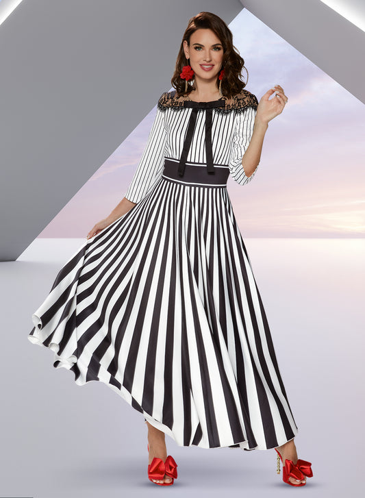 Love the Queen 17543 - Black White - Stretch Fabric Stripe Dress with Contrast Lace Shoulder Details