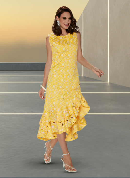 Love the Queen 17562 - Yellow - Lined Floral Embroidery Fabric Dress with Tiered Flounce Skirt