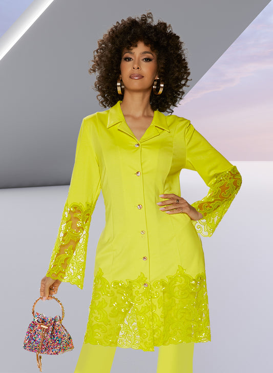 Love the Queen 17563J - Chartreuse - Soft Stretch Fabric with Embroidery Sequins on Mesh Fabric with Rhinestone Buttons