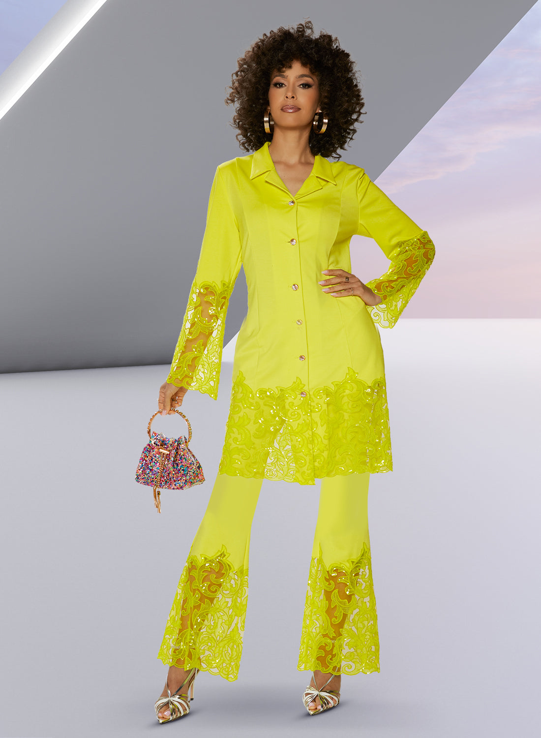 Love the Queen 17563p - Chartreuse - Soft Stretch Fabric with Embroidery Sequins on Mesh Fabric Pants with Pockets