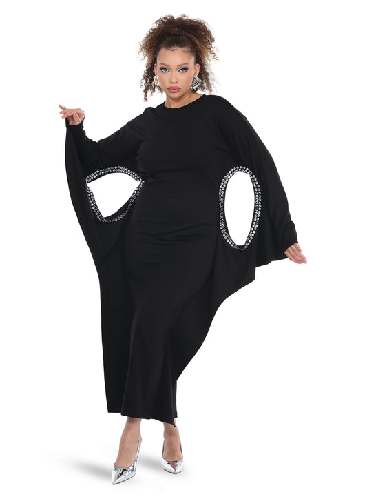 Love the Queen 17566 - Black - Beautiful Soft Stretch Crepe Fabric Dress Trimmed  With Rhinestones, Front & Back