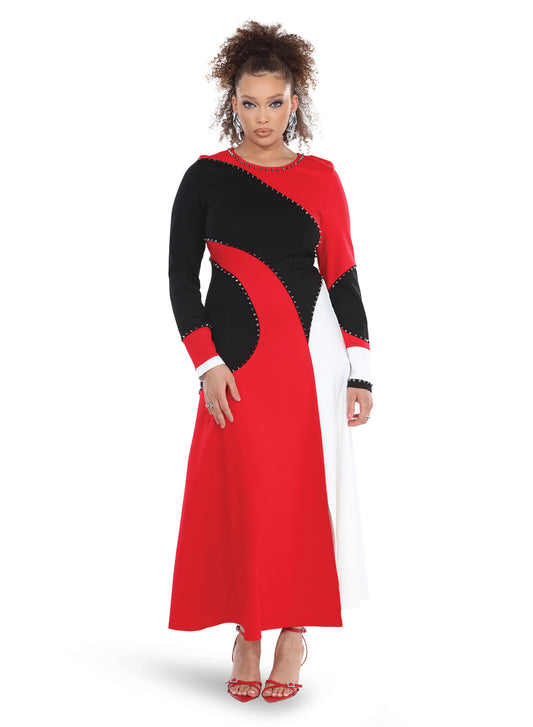 Love the Queen 17569 - Red White Black - Beautiful Soft Stretch Crepe Fabric Dress Trimmed With Silver Nail Heads