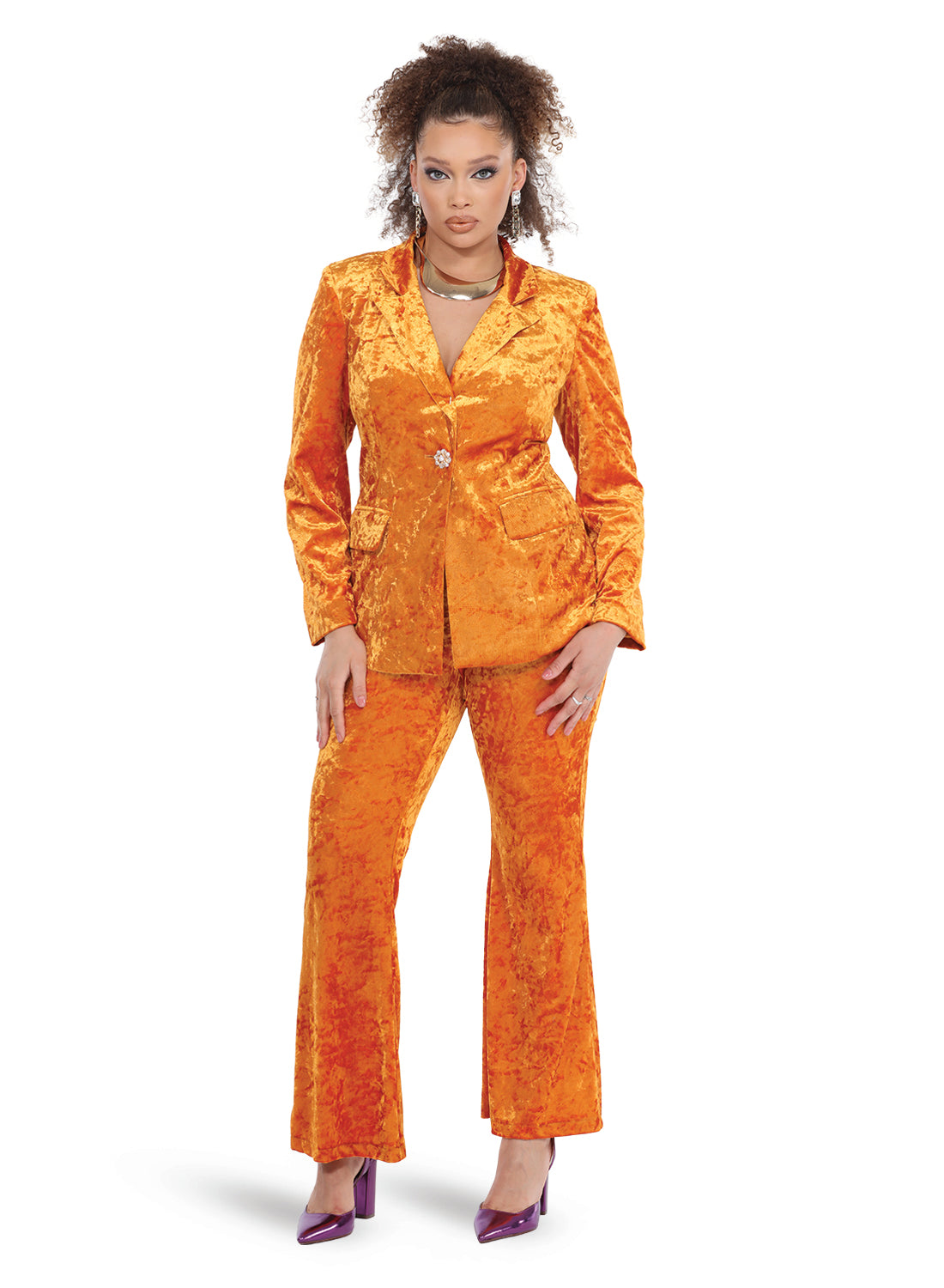 Love the Queen 17574 - Orange - 2pc. Jacket & Pant Set with Novelty Stretch Velvet Fabric