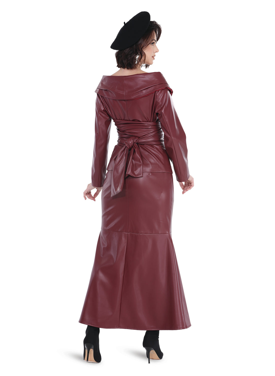 Love The Queen 17577 - Berry - 2 pc Jacket and Skirt Set with Faux Leather Wrap Belt