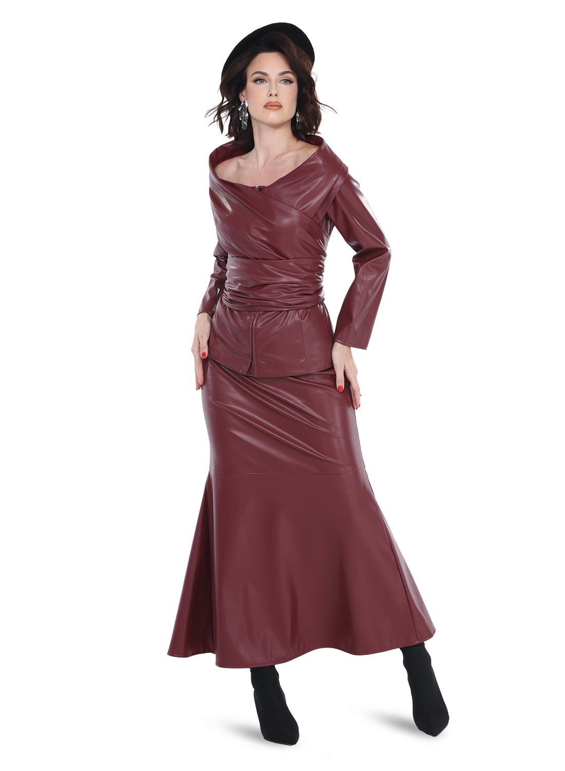 Love The Queen 17577 - Berry - 2 pc Jacket and Skirt Set with Faux Leather Wrap Belt