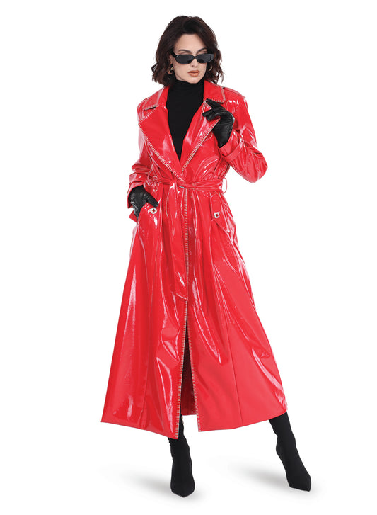 Love The Queen 17579 - Red - Novelty Faux Leather Trench Coat with Belt