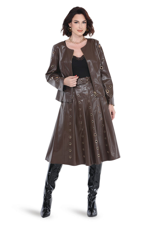 Love The Queen 17582 - Brown - Long Sleeve Faux Leather Zip Up Skirt Set with Grommets