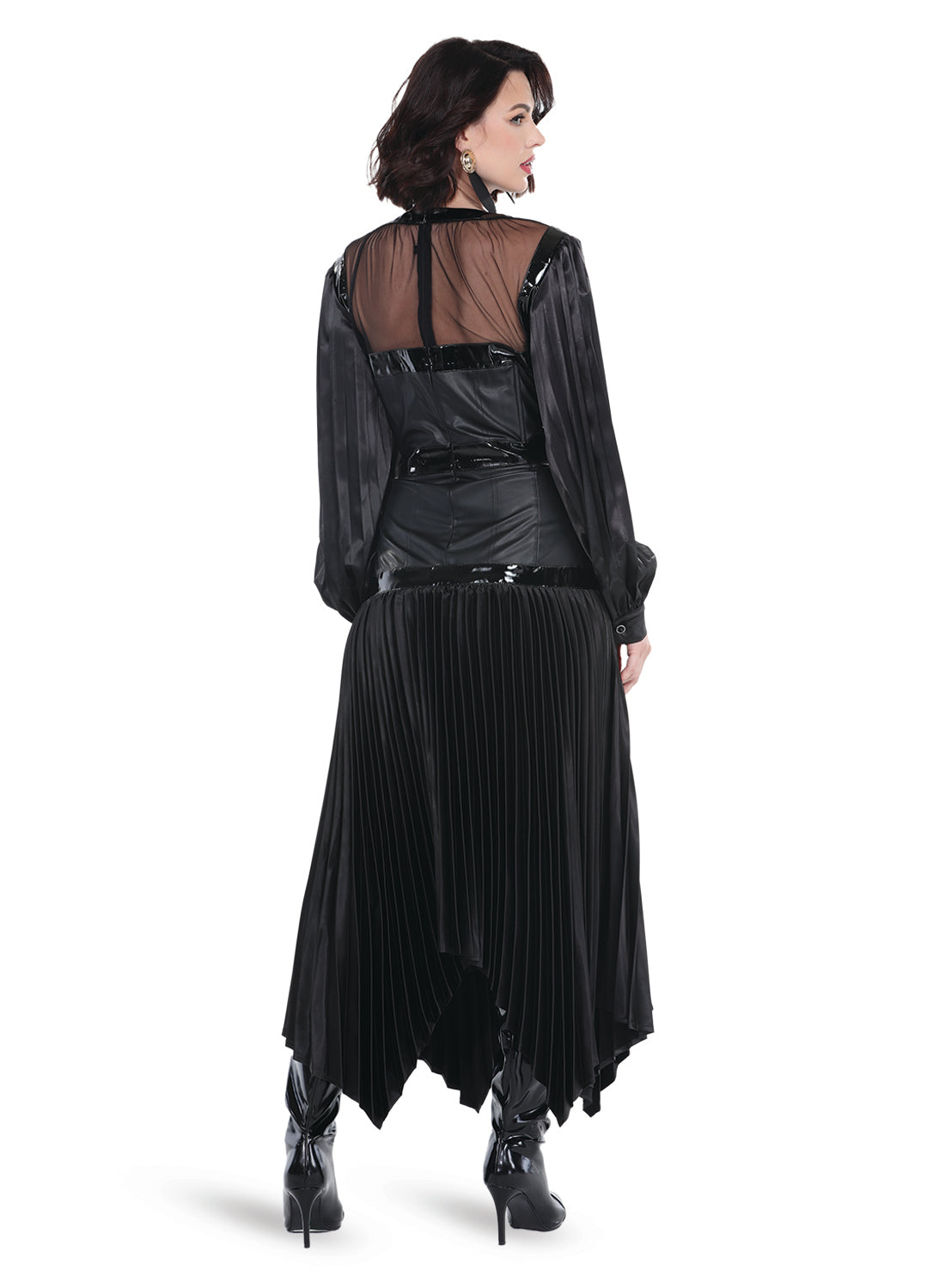 Love The Queen 17585 - Black - Faux Leather Dress with Pleated Skirt and Satin Crepe Sleeves