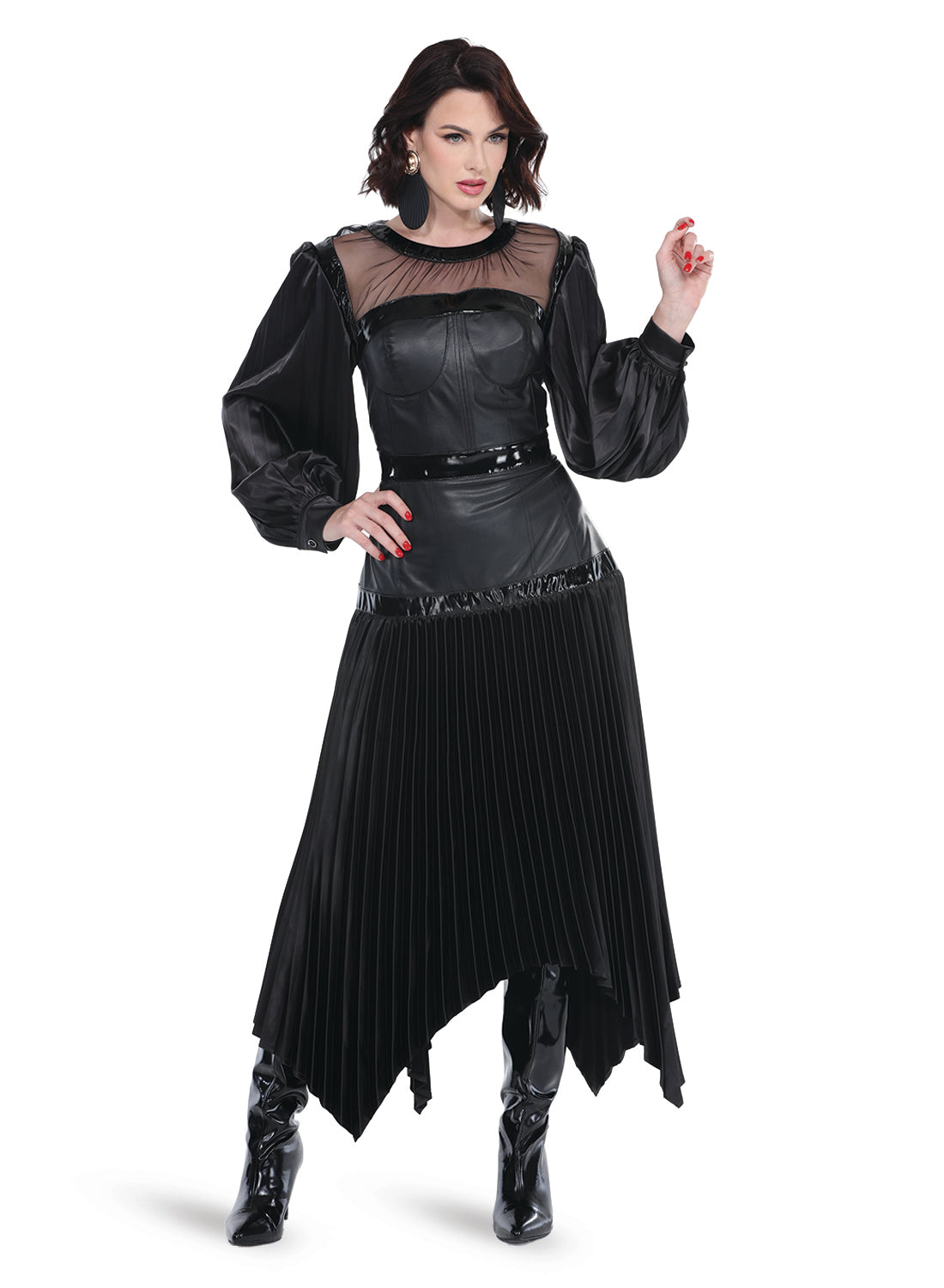 Love The Queen 17585 - Black - Faux Leather Dress with Pleated Skirt and Satin Crepe Sleeves