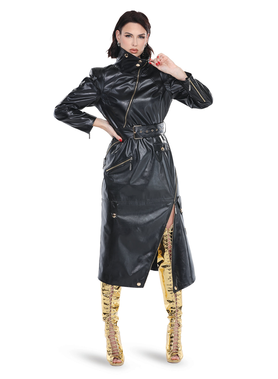 Love The Queen 17586 - Black - Faux Leather Zipper Dress with Gold Buttons