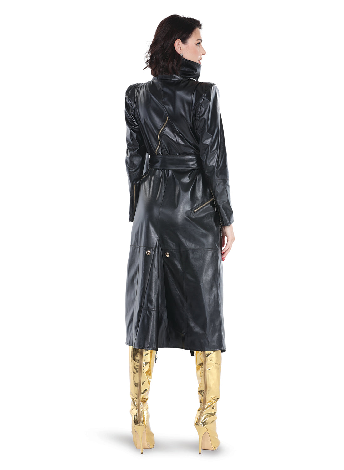 Love The Queen 17586 - Black - Faux Leather Zipper Dress with Gold Buttons