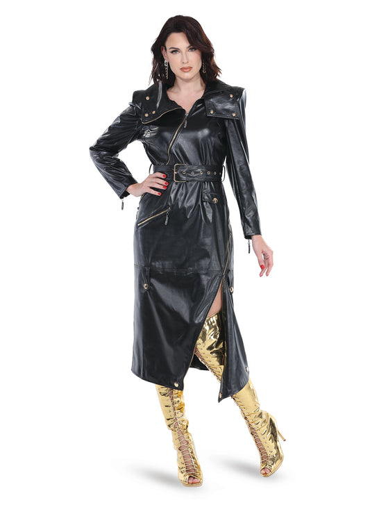 Love The Queen 17586 - Black - Faux Leather Zipper Dress with Gold Buttons