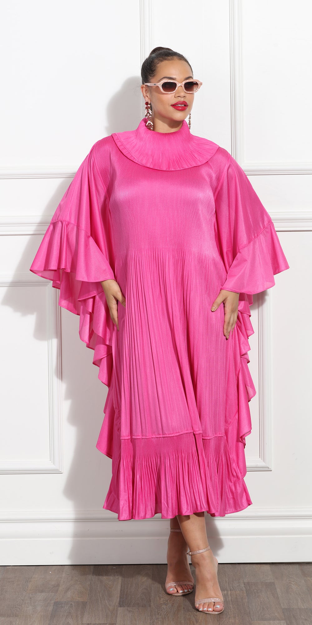 Luxe Moda LM303 - Fuchsia - Micro Pleat Dress with Roll Collar