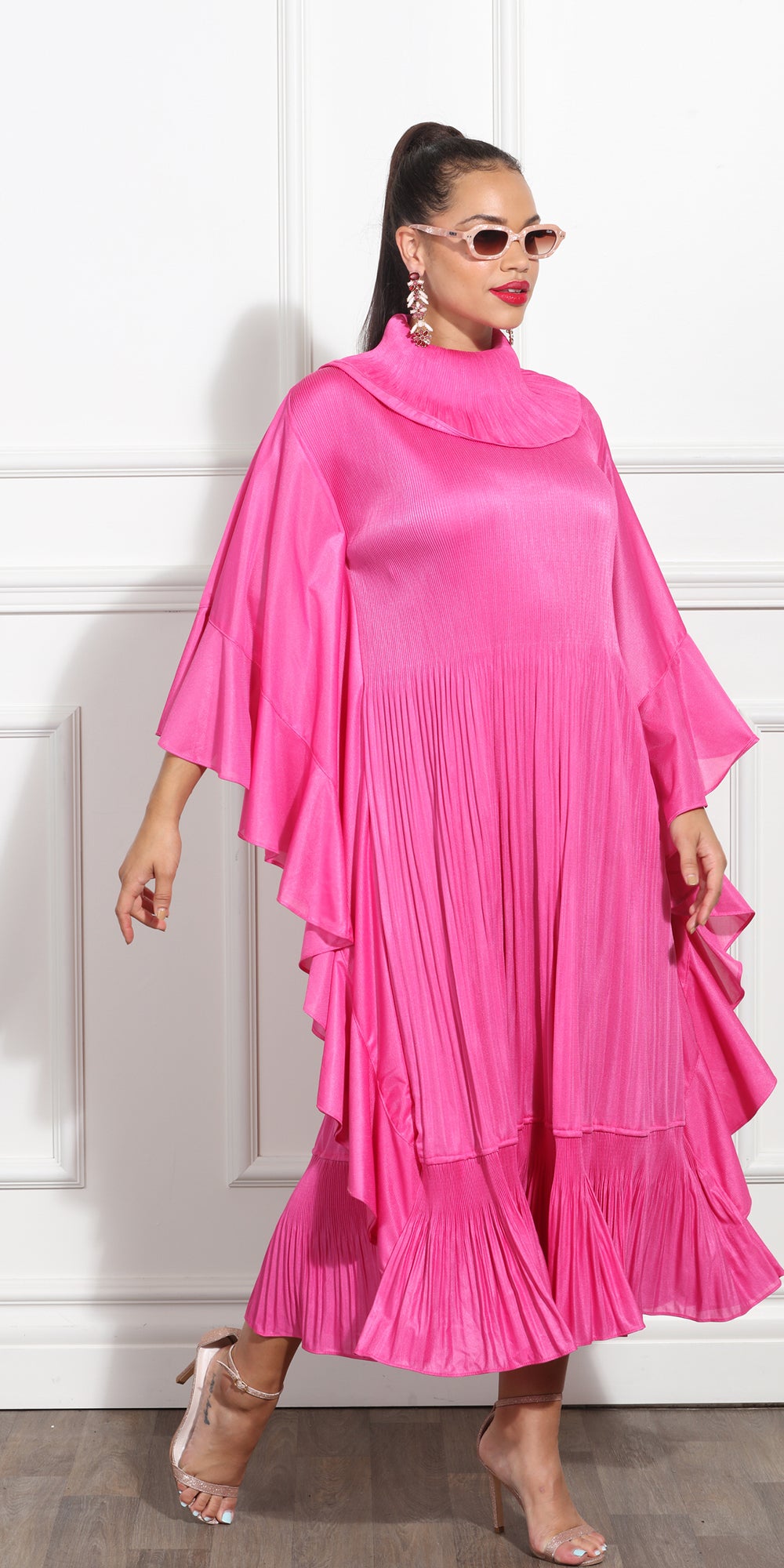 Luxe Moda LM303 - Fuchsia - Micro Pleat Dress with Roll Collar